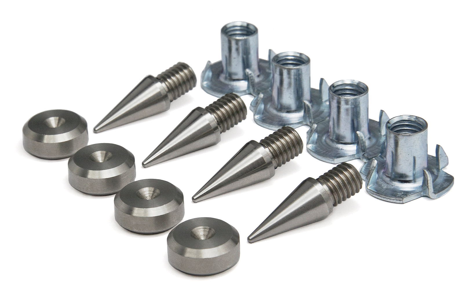 4x Stainless Steel M8 Spikes + 4x 16mm dia Pads Chamfered + 4x Wood inserts